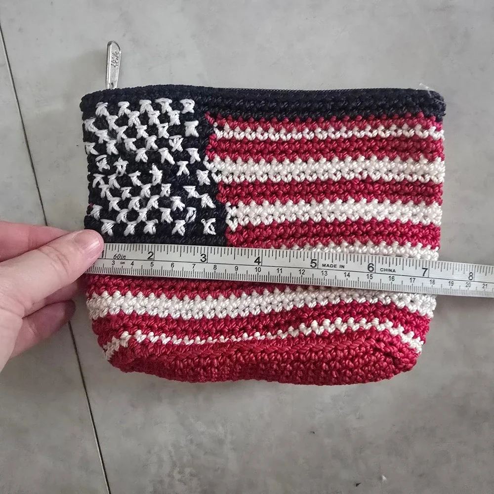 The Sak American Flag Crochet Cosmetic Bag Patriotic Makeup Pouch Red White Blue